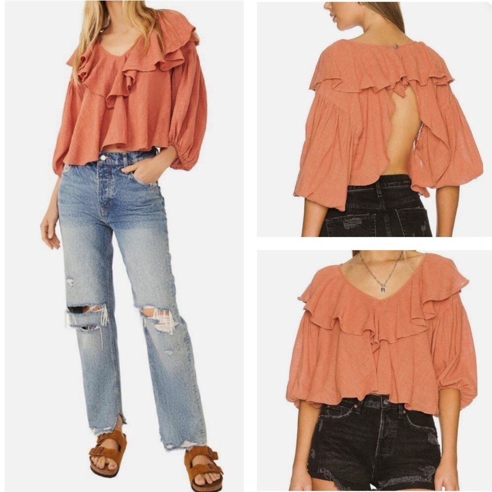 Free People Zuri Ruffle Blouse Open Back Top Ginger Spice Small Cropped Cotton